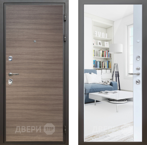 Входная металлическая Дверь Шелтер (SHELTER) Комфорт Дуб тоскано поперечный 14 с зеркалом Белый матовый в Истра