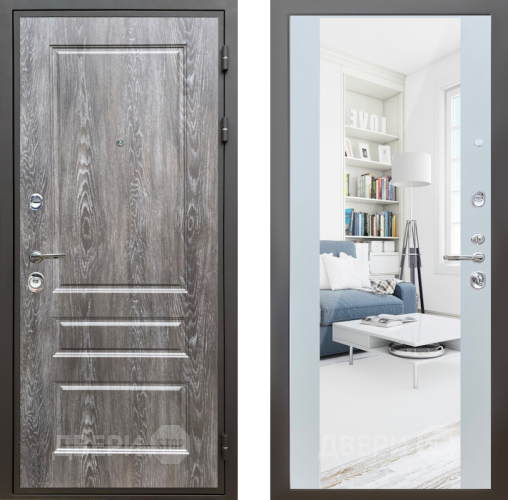 Входная металлическая Дверь Шелтер (SHELTER) Комфорт Дуб шале серебро 13 с зеркалом Белый матовый в Истра