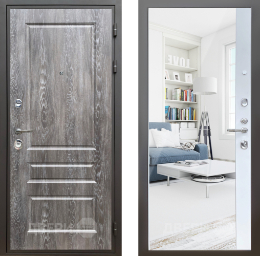 Входная металлическая Дверь Шелтер (SHELTER) Комфорт Дуб шале серебро 14 с зеркалом Белый матовый в Истра