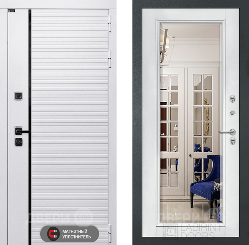 Входная металлическая Дверь Лабиринт (LABIRINT) Royal Зеркало Фацет с багетом Белый софт в Истра