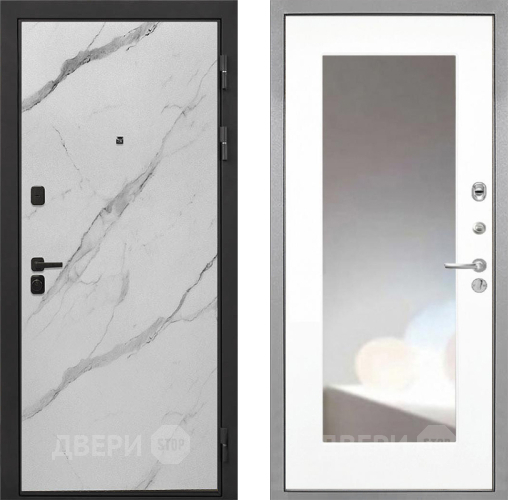Входная металлическая Дверь Интекрон (INTECRON) Профит Black Мрамор Арктик ФЛЗ-120-М Зеркало Белый матовый в Истра